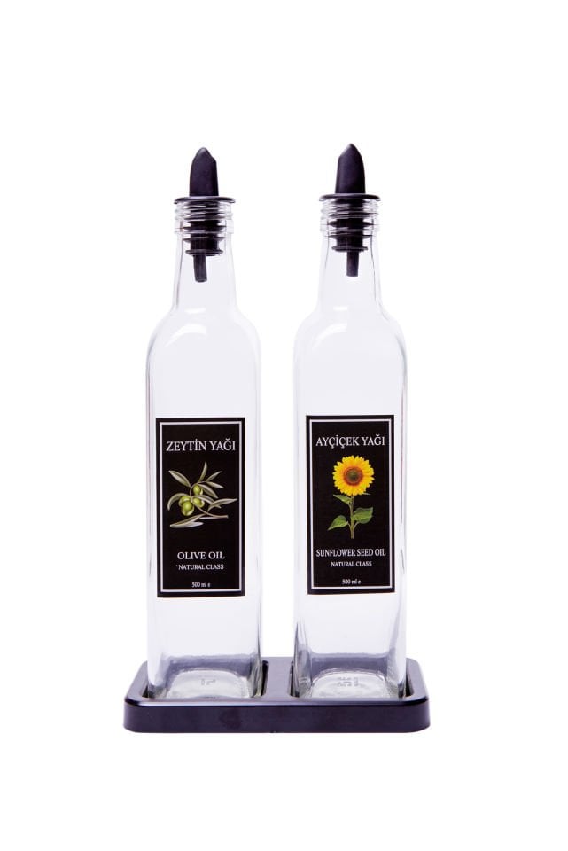 Siyah Stantlı Lux Kare Cam Yağdanlık 2'li 500 ml Silikon Kapaklı