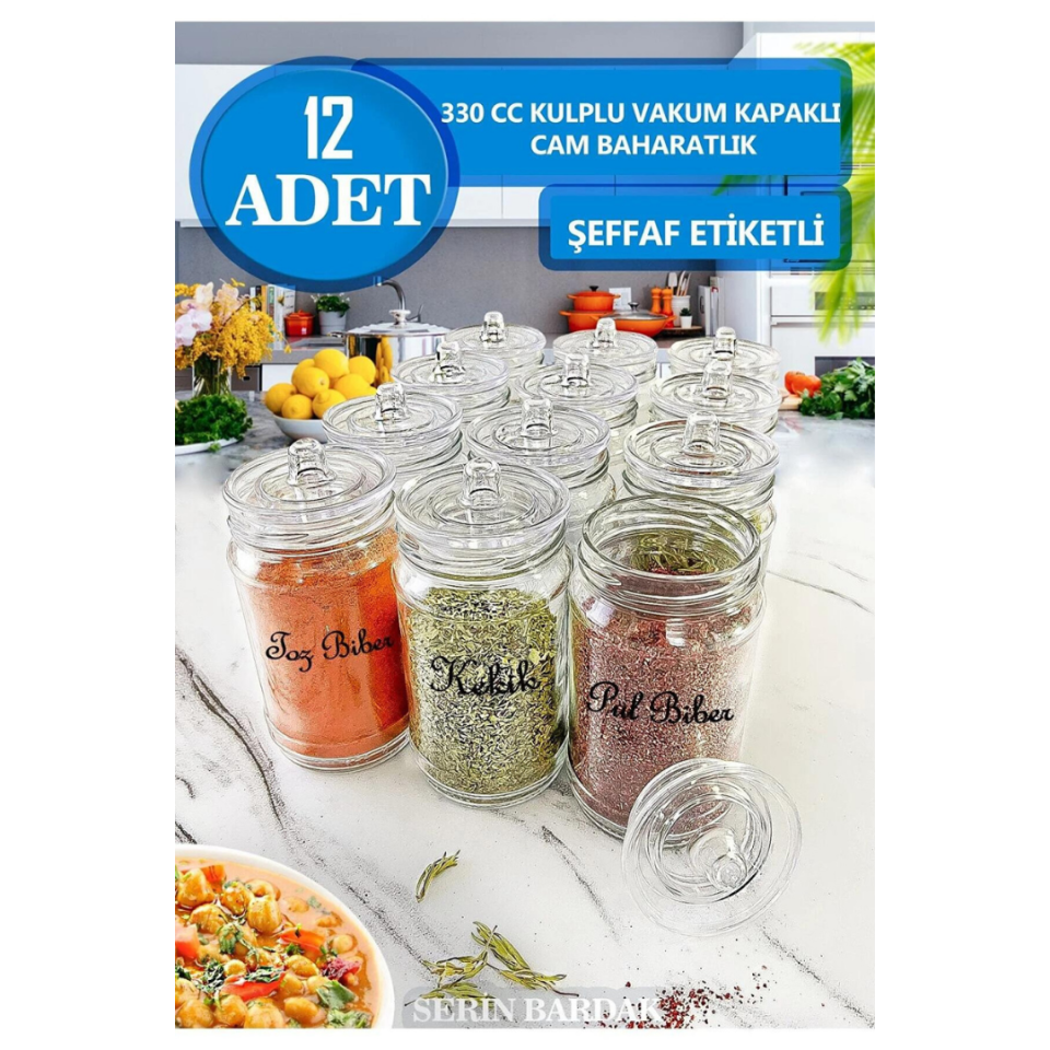 Etiketli 12 Adet Kapağı Kulplu Ve Vakumlu Baharat Takımı