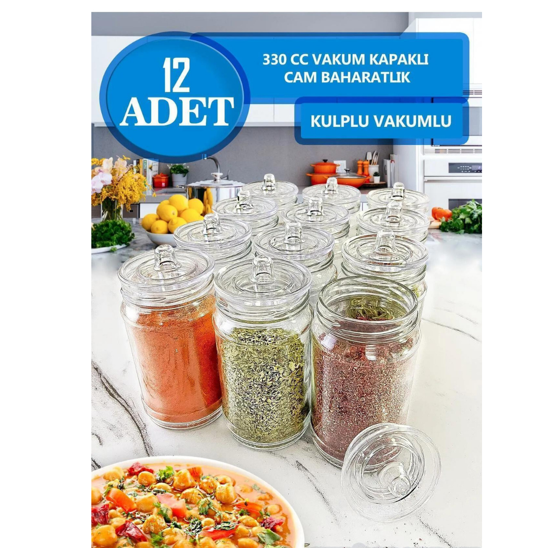 12 Adet Kulplu Ve Vakumlu Cam Baharatlık Seti