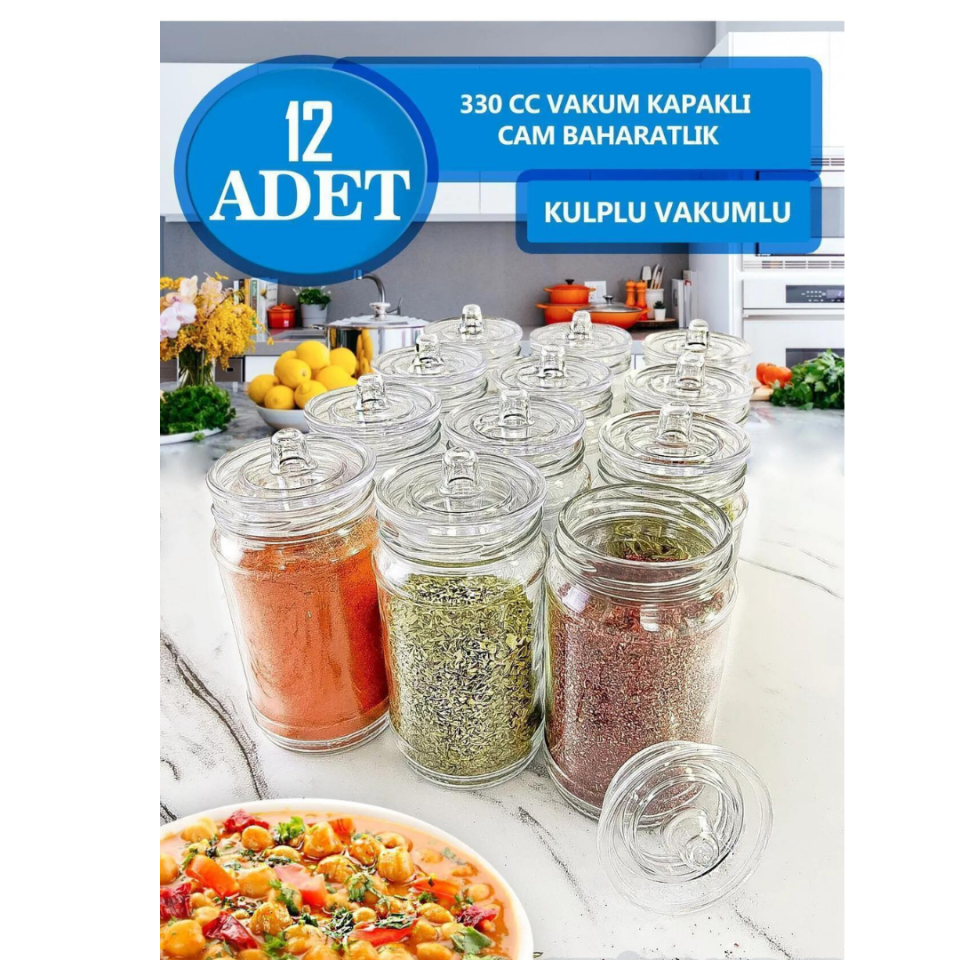 12 Adet Kulplu Ve Vakumlu Cam Baharatlık Seti