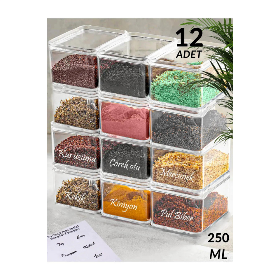 12'li 250 Ml Akrilik Baharatlık Seti Saklama Kabı (şeffaf Etiketli)