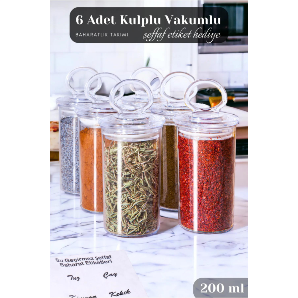 6 Adet Kulplu Ve Vakum Kapaklı Baharatlık Seti (ŞEFFAF BAHARATLIK ETİKETİ HEDİYE)