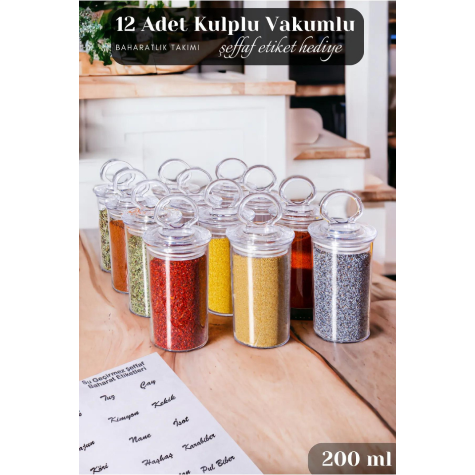 12 Adet Kulplu Ve Vakum Kapaklı Baharatlık Seti (ŞEFFAF BAHARATLIK ETİKETİ HEDİYE)