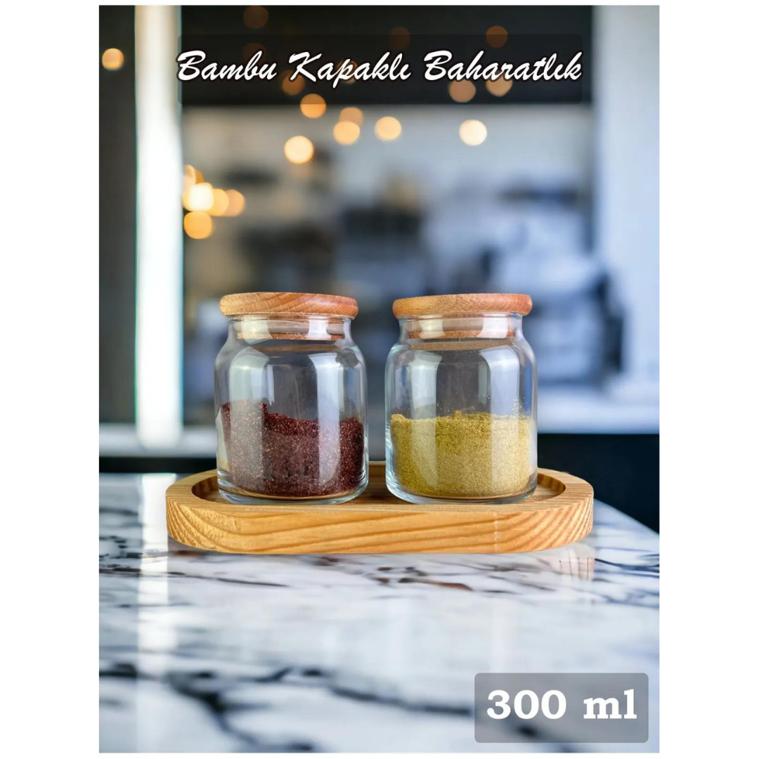 Bambu Kapaklı 2'li Stantlı Baharat Takımı 300ml
