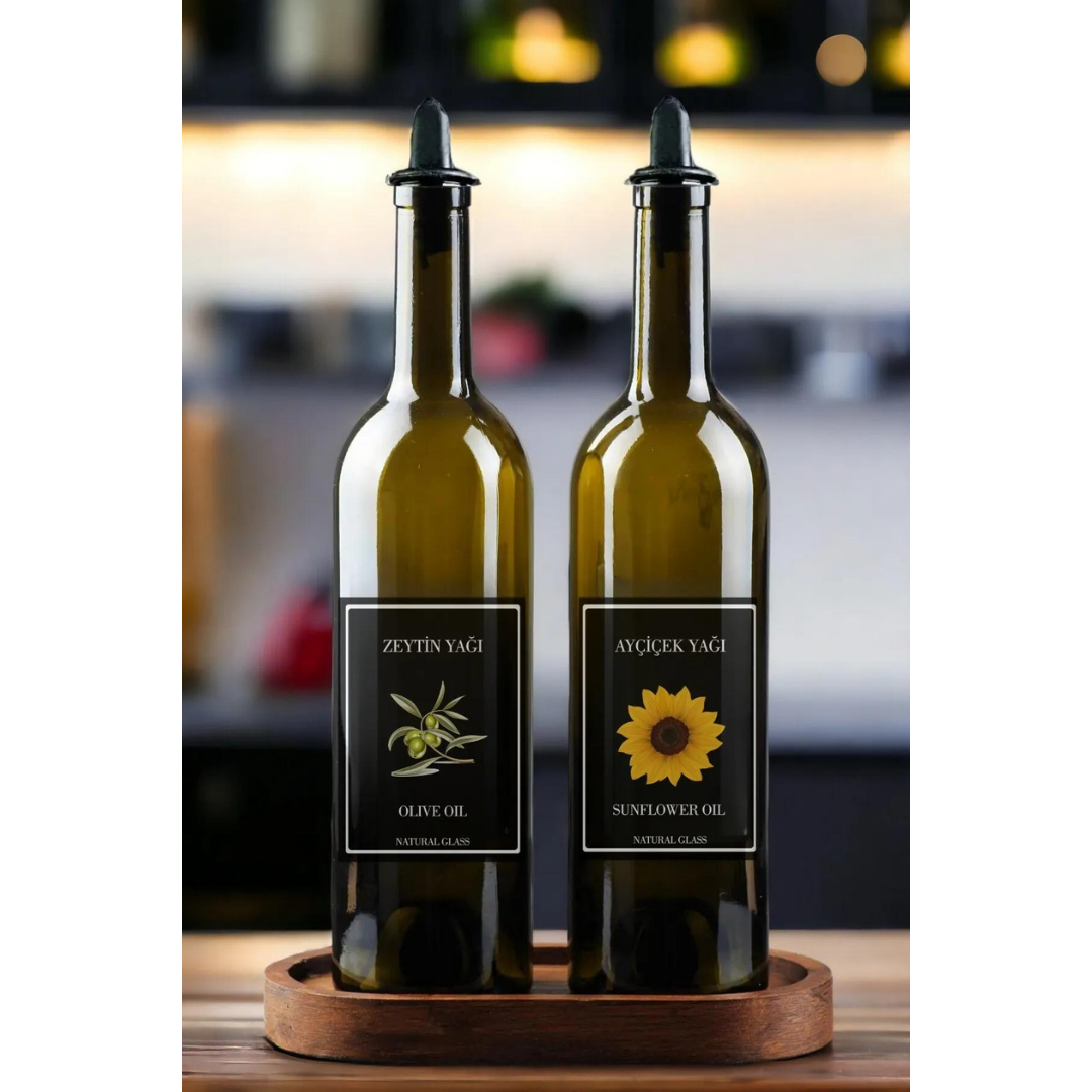 Ahşap Stantlı 2'li 750 Ml Zeytinyağı Sıvıyağ Şişesi Yağdanlık Yağlık 750ml Standlı