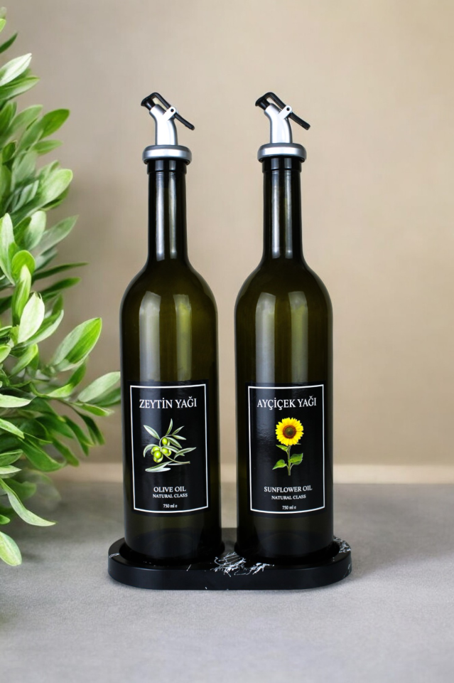 Mermer Desen Stantlı Amber 2'li 750 ml Zeytinyağı Sıvıyağ Şişesi Yağdanlık Yağlık