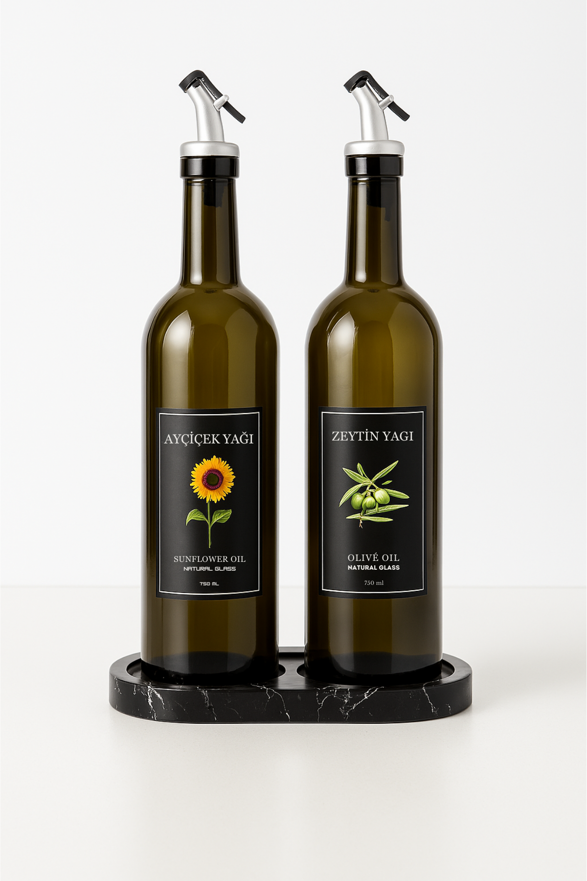 Mermer Desen Stantlı Amber 2'li 750 ml Zeytinyağı Sıvıyağ Şişesi Yağdanlık Yağlık