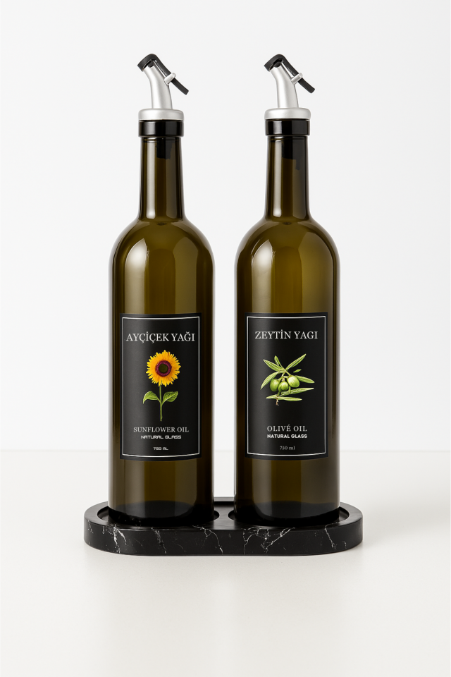 Mermer Desen Stantlı Amber 2'li 750 ml Zeytinyağı Sıvıyağ Şişesi Yağdanlık Yağlık